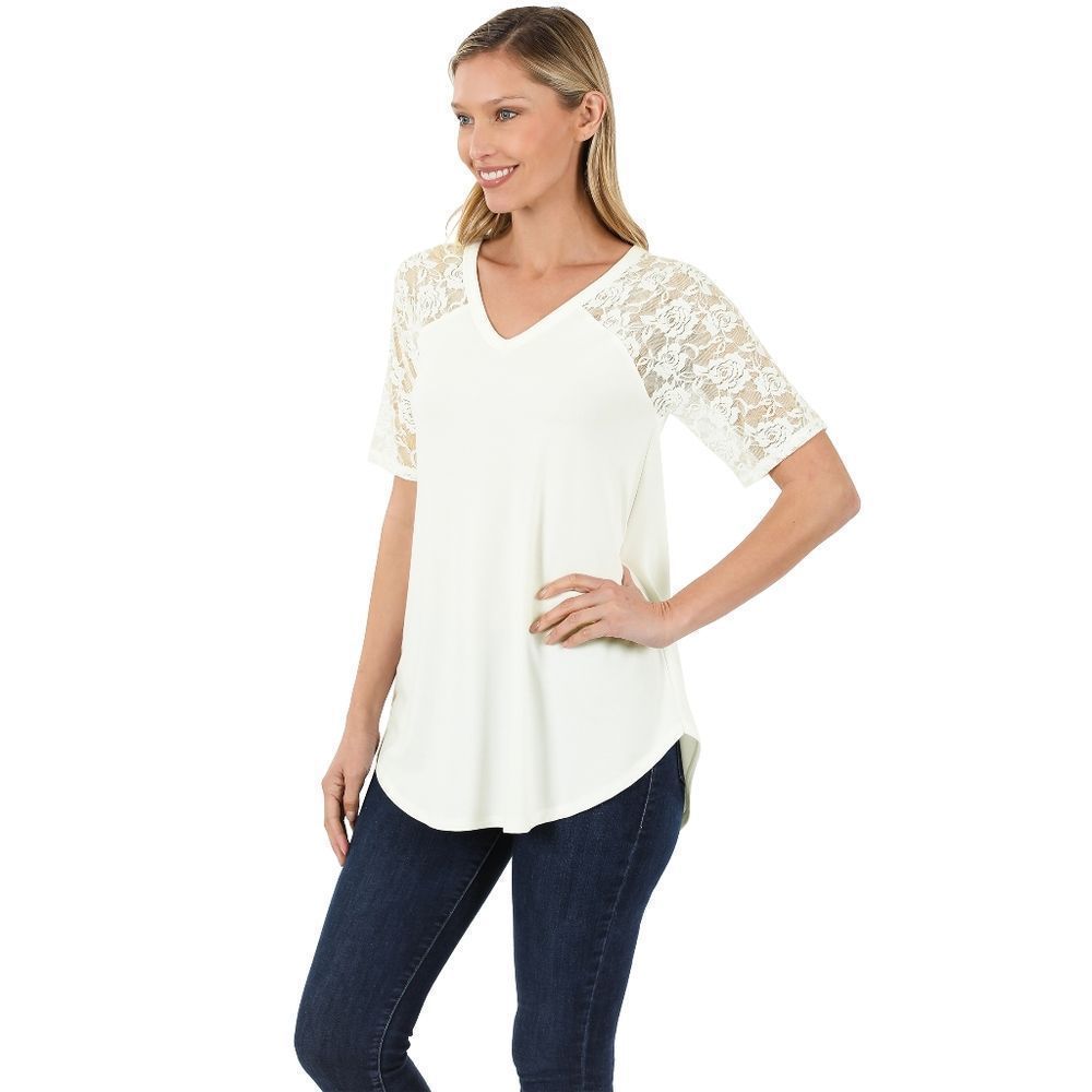 Classic Lace Sleeve V-neck Tee w/Round Bottom